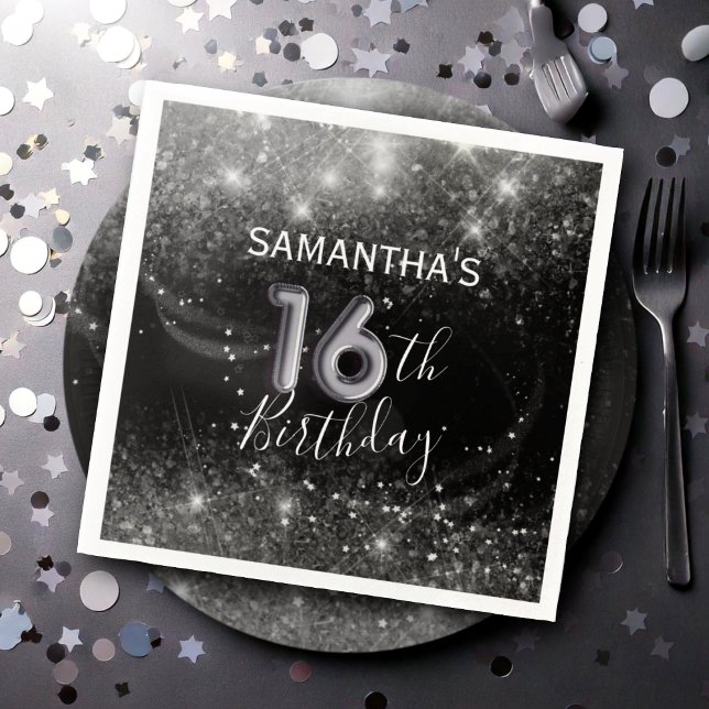 Sixteenth Silver Glitter and black Birthday Napkin (Creator Uploaded)