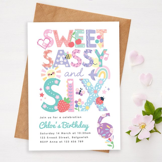 Sixth Birthday Invite Girl, Sweet Sassy Six (Creator Uploaded)