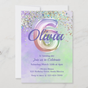 sixth Birthday, Tie Dye, Six, Glitter Invitation