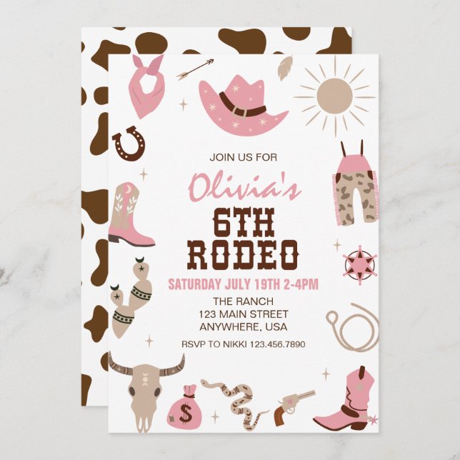 Sixth Rodeo Pink Western 6th Birthday Invitation (Front/Back)