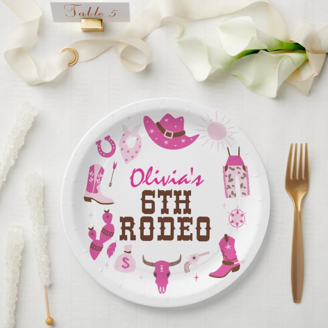 Sixth Rodeo Pink Western Cowboy 6th Birthday Paper Plate (Wedding)