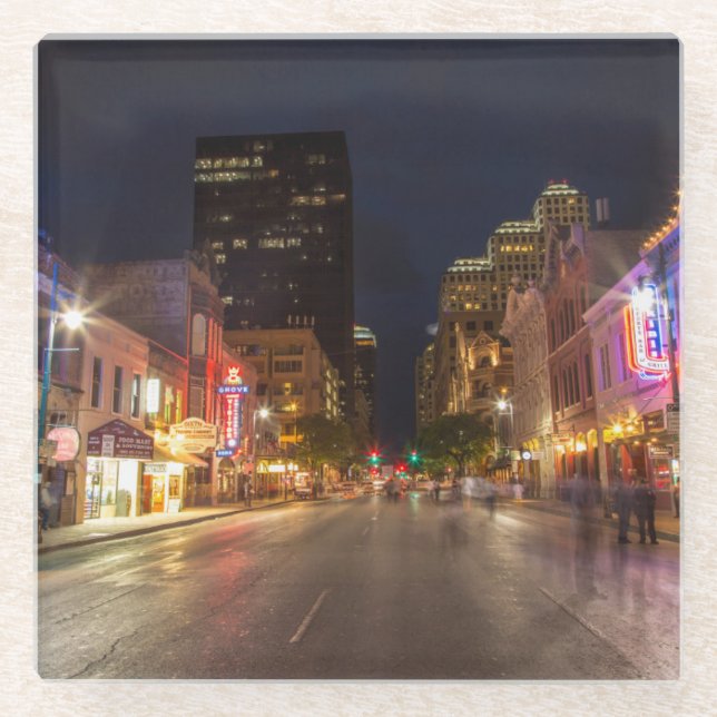 Sixth Street At Dusk In Downtown Austin, Texas Glass Coaster (Front)