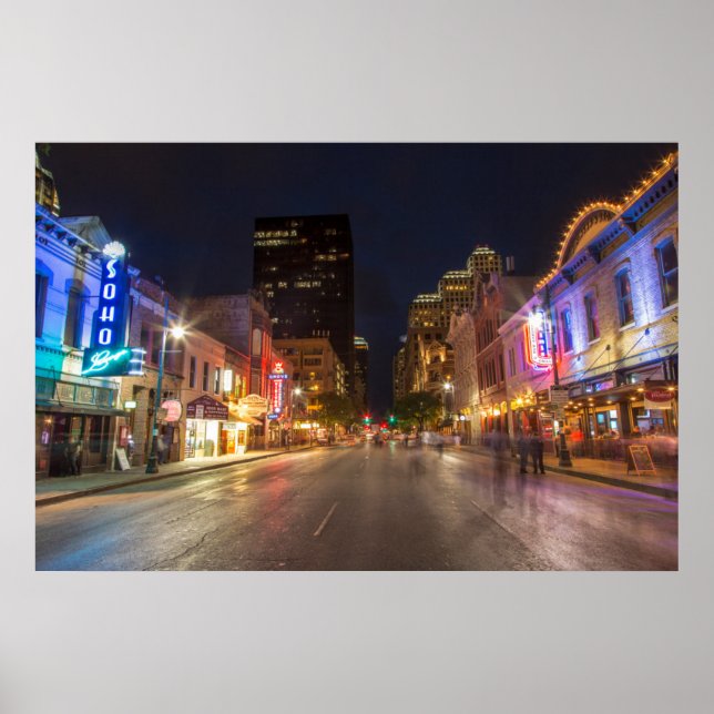 Sixth Street At Dusk In Downtown Austin, Texas Poster (Front)