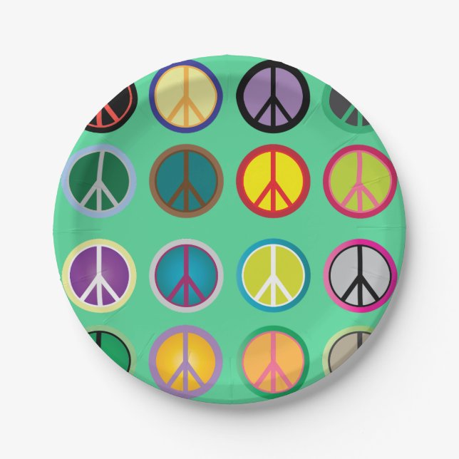 Sixties 60s hippy peace flower power retro party paper plate (Front)