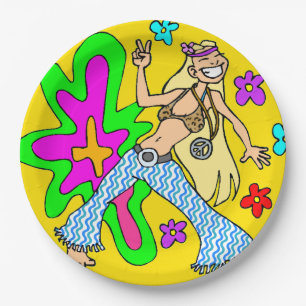 Sixties Flower Child and Peace Sign Bright Colours Paper Plate
