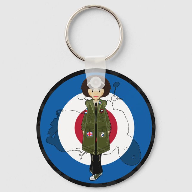 Sixties Mod Girl in Parka with Scooter Keychain (Front)