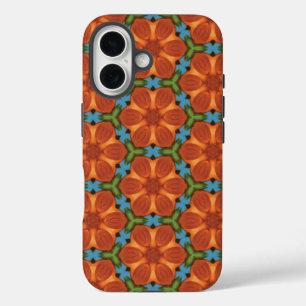 Sixties Orange Red Floral Flower Tiled Repeat Blue iPhone 16 Case