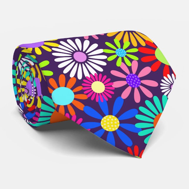 Sixties Retro Daisy Flower Flat Surface Pattern Tie (Rolled)