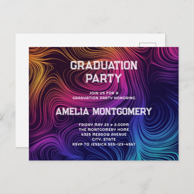 Sixties Vibe Circles & Swirls Pattern Graduation Invitation Postcard (Front/Back)