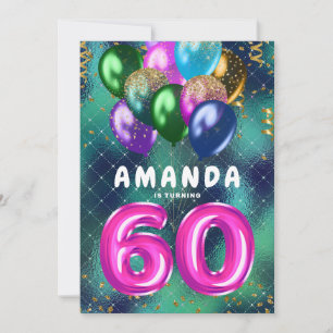 Sixtieth Birthday Colourful Pink Balloons 60th Invitation