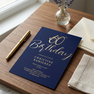Sixtieth Birthday Party Rich Navy Blue Gold Photo  Foil Holiday Card