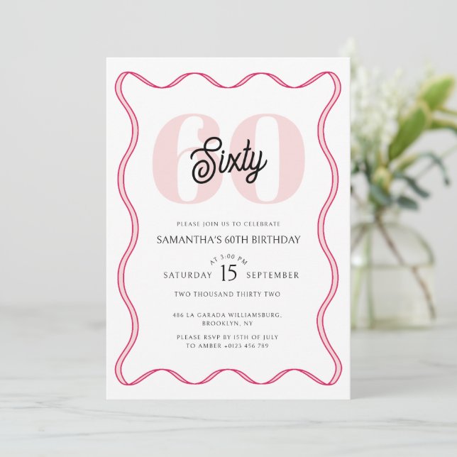 Sixtieth  Retro Wavy Borders 60th Birthday  Invitation (Standing Front)