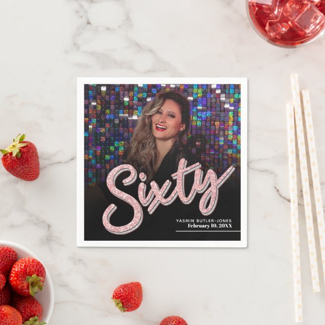 Sixty 60th Birthday custom photo script pink Napkin (Insitu)