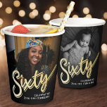 Sixty 60th Birthday photo script black gold colour Paper Cups<br><div class="desc">Sixty gold coloured style effect script text on black paper cups. Personalise these cups with two photos of your birthday girl turning 60, one on each side (for past and present plus add your own name or message. Ideal for a 60th birthday party or surprise sixtieth birthday event. Other years...</div>