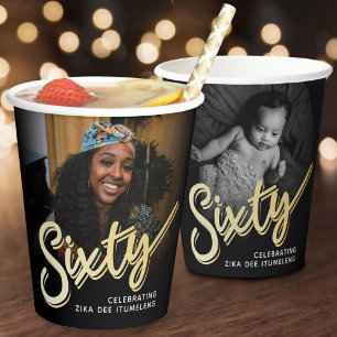 Sixty 60th Birthday photo script black gold colour Paper Cups