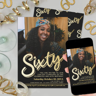 Sixty 60th Birthday photo script flat gold colour Invitation
