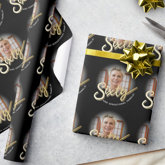 Sixty 60th Birthday photo script gold custom Wrapping Paper (Creator Uploaded)