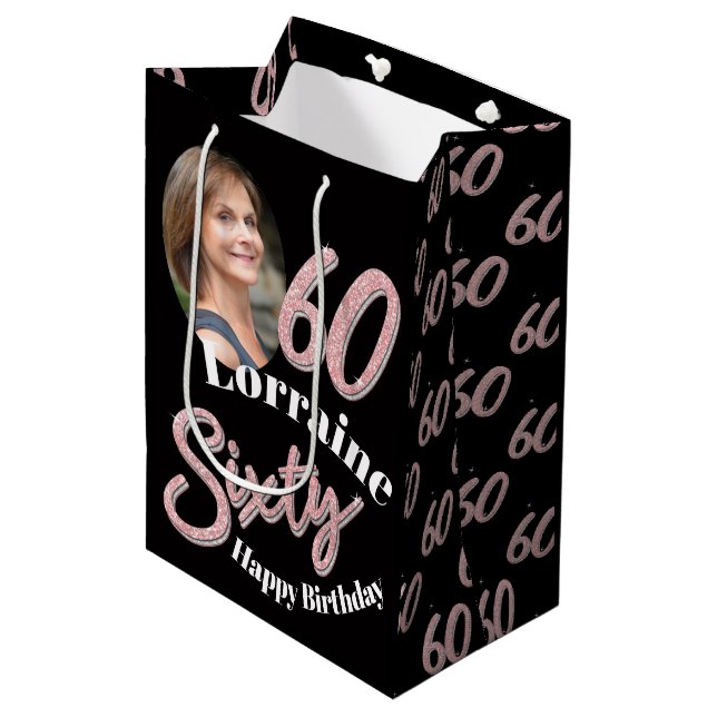 Sixty 60th Birthday photo script rose pink Medium Gift Bag (Front Angled)