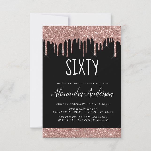 Sixty - 60th Rose Gold Black Glitter Birthday Invitation (Front)