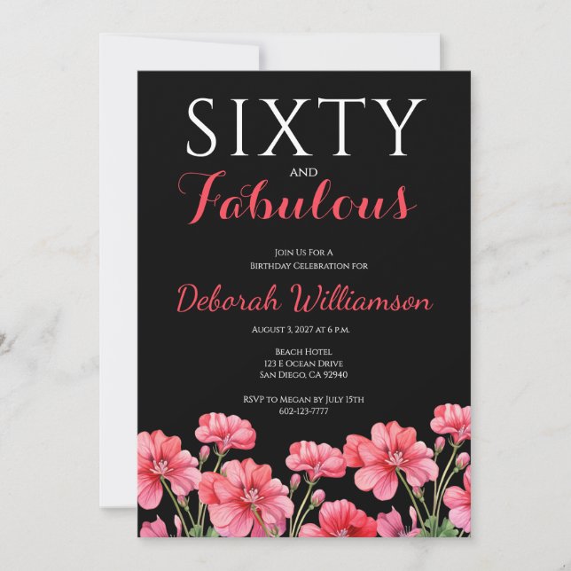 Sixty and Fabulous Black Pink 60th Birthday  Invitation (Front)