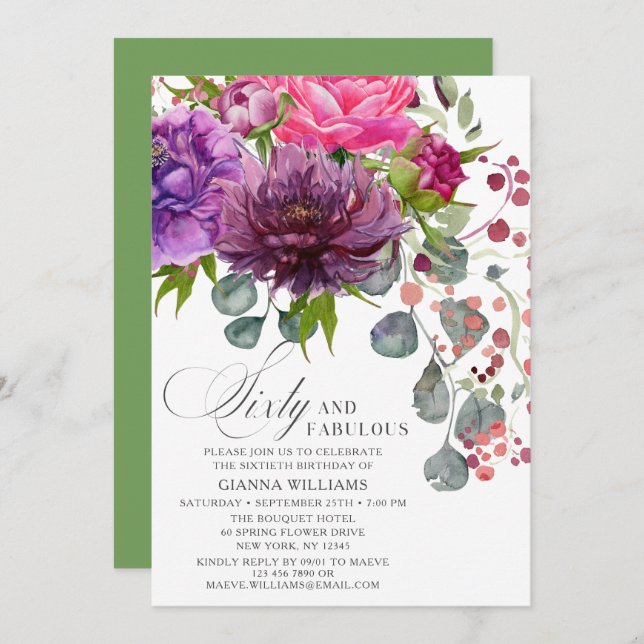 Sixty and Fabulous Elegant Floral 60th Birthday Invitation (Front/Back)