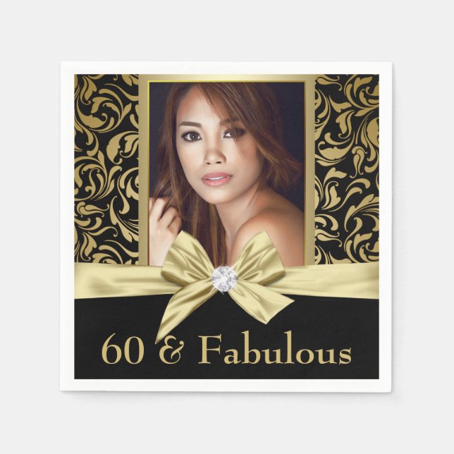 Sixty and Fabulous gold black damask 60th Birthday Napkin (Front)