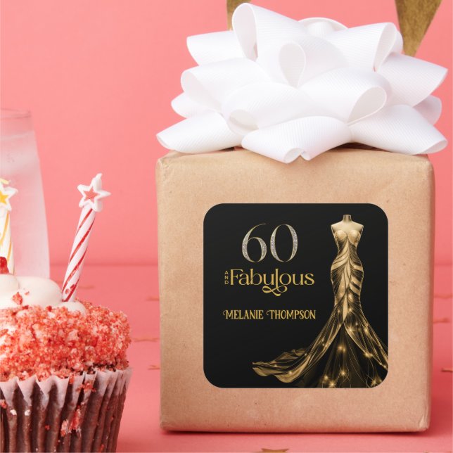 Sixty and Fabulous Gold Dress Black 60th Birthday Square Sticker (Party)