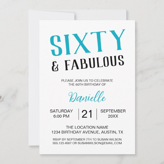 Sixty and Fabulous Turquoise 60th Birthday Invitation (Front)