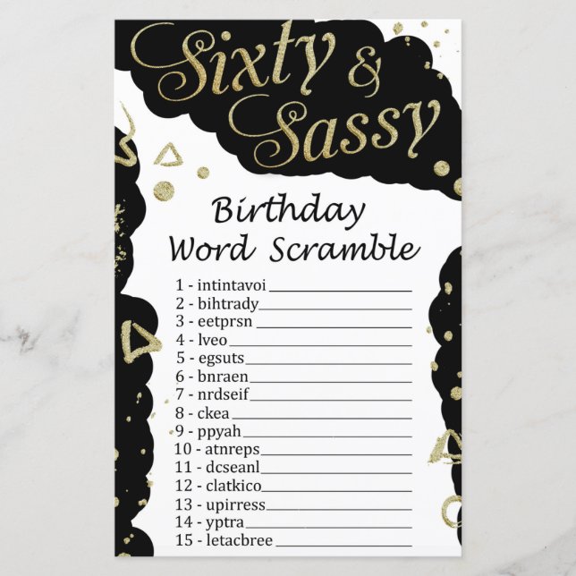 Sixty and Sassy Birthday Word Scramble Game (Front)