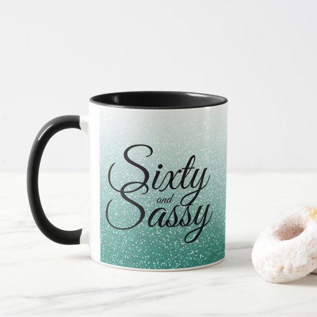 Sixty and Sassy Green Glitter Ombre 60th Birthday Mug (With Donut)