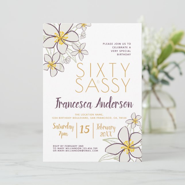 Sixty and Sassy Modern Purple Gold Jasmine Floral  Invitation (Standing Front)