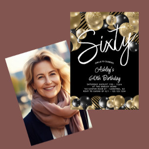 Sixty Black Gold 60th Photo Birthday Invitation