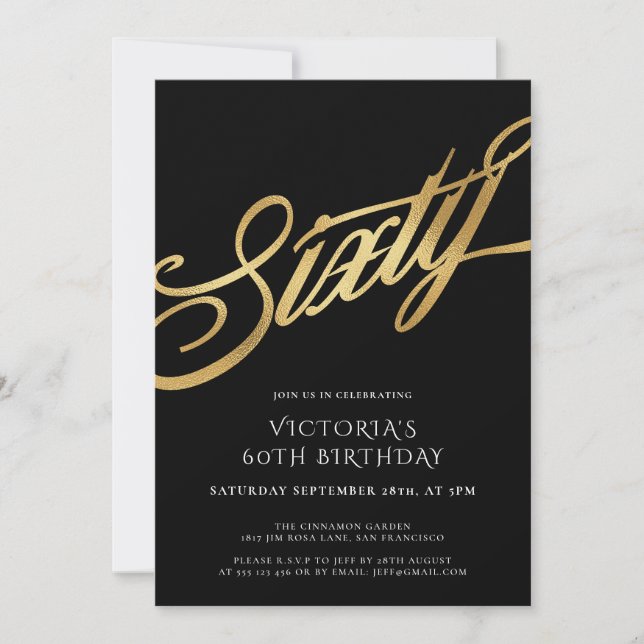 Sixty Black Gold Typography 60th Birthday Invitation (Front)