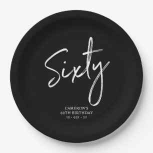 Sixty Black Modern Lettering 60th birthday Paper Plate