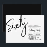 Sixty | Black & White Modern 60th Birthday Party Invitation<br><div class="desc">Celebrate your special day with this simple stylish 60th birthday party invitation. This design features a brush script "Sixty" with a clean layout in black & white colour combo. More designs available at my shop BaraBomDesign.</div>