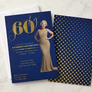 Sixty Blue Gold 60th Photo Birthday Invitation