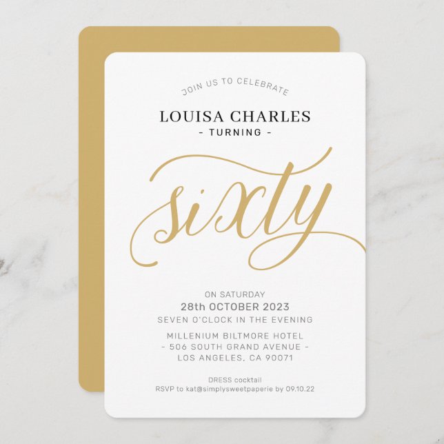 SIXTY elegant birthday chic script modern gold Invitation (Front/Back)