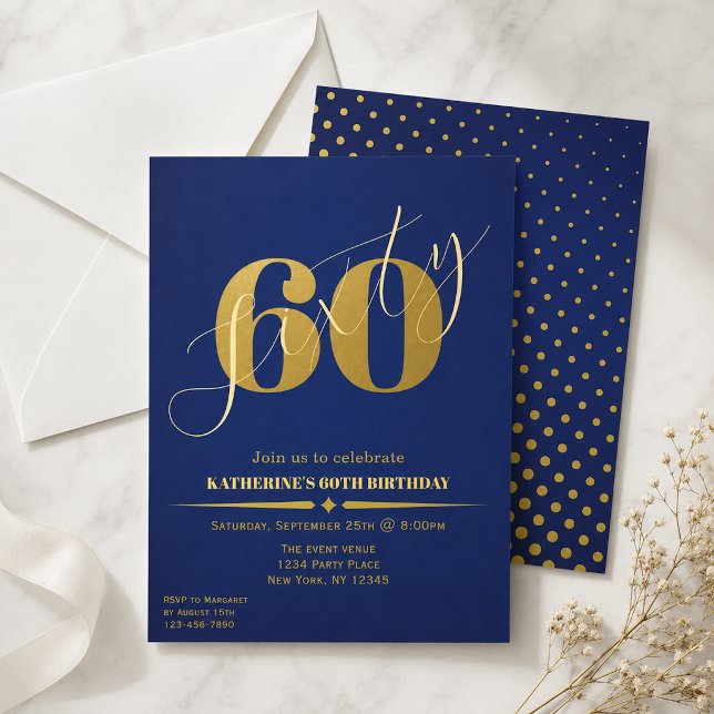Sixty Elegant Blue & Gold 60th Birthday Invitation (Creator Uploaded)