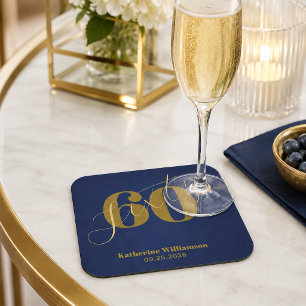 Sixty Elegant Blue & Gold 60th Birthday Invitation Square Paper Coaster