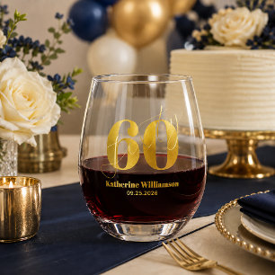 Sixty Elegant Blue & Gold 60th Birthday Stemless Wine Glass