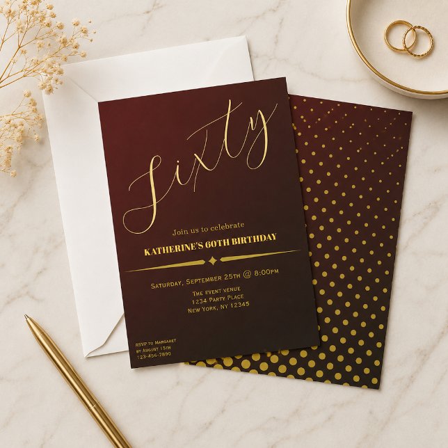Sixty Elegant Ruby & Gold 60th Birthday Invitation (Creator Uploaded)