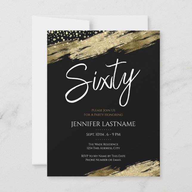 Sixty Elegant Script Black and Gold Birthday Invitation (Front)