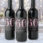 Sixty Fabulous 60th Birthday Party Wine Label<br><div class="desc">Celebrate in style with this modern wine bottle label design, perfect for a “Sixty and Fabulous” birthday celebration or any milestone event. The label features a large pink “60” across most of the space, with the word “sixty” written in elegant white script layered over it. Just below, “fabulous” appears in...</div>