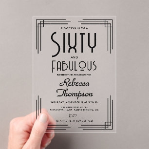 Sixty Fabulous Black White Art Deco 60th Birthday Acrylic Invitations