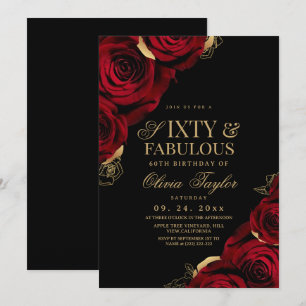 Sixty & Fabulous Burgundy Black Roses Birthday Invitation