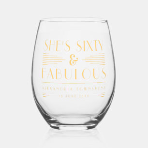 Sixty & Fabulous Chic Art Deco Gold 60th Birthday Stemless Wine Glass