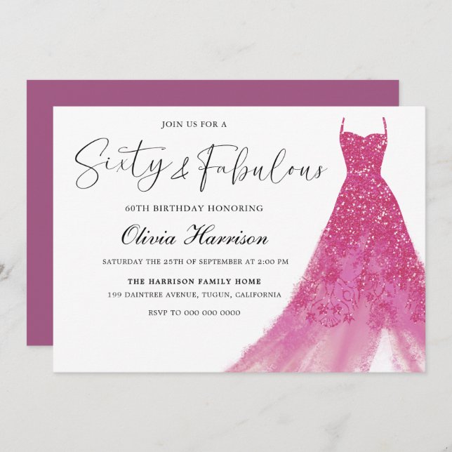 Sixty & Fabulous Gorgeous Pink Gown 60th Birthday Invitation (Front/Back)