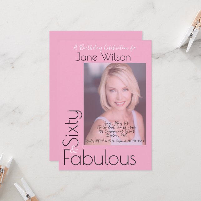  Sixty & Fabulous Invitation Pink Photo (Front/Back In Situ)