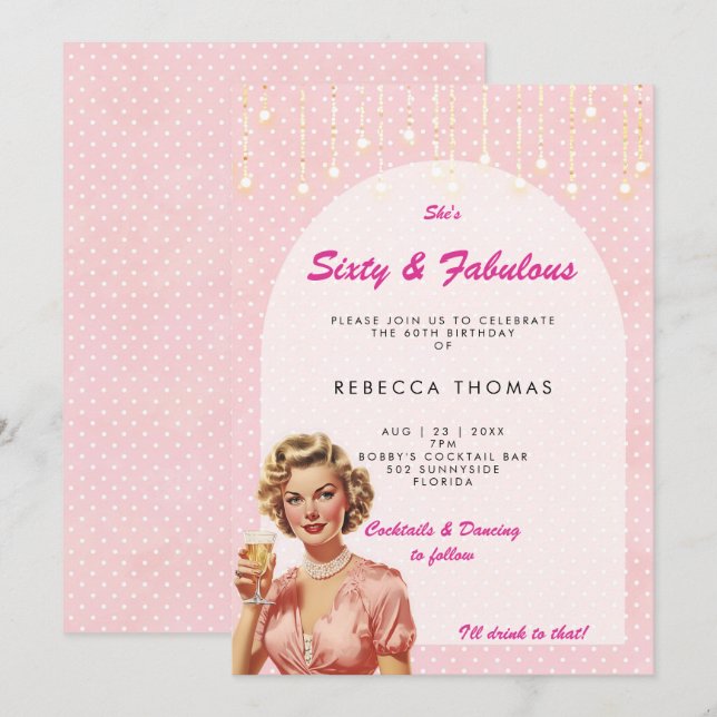 sixty & fabulous retro pink birthday invitation (Front/Back)