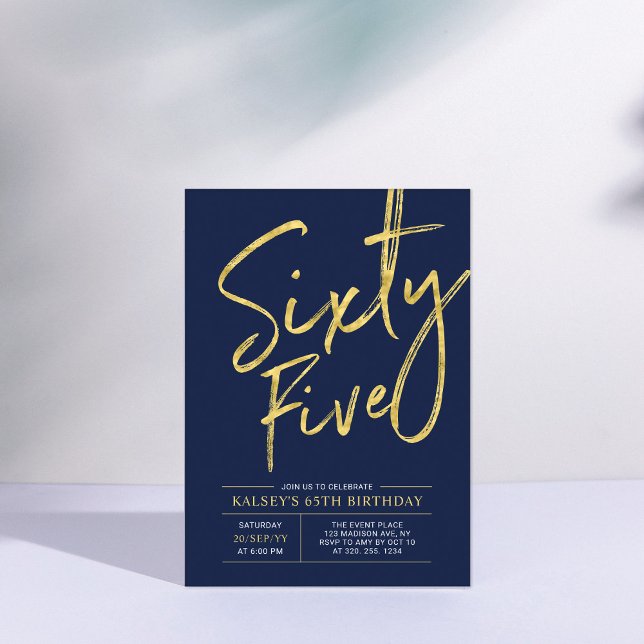 Sixty Five | Gold & Navy Blue 65th Birthday Party Invitation (Creator Uploaded)